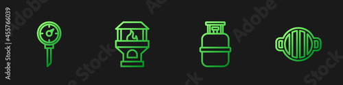 Set line Propane gas tank, Kitchen thermometer, Brick stove and Barbecue grill. Gradient color icons. Vector