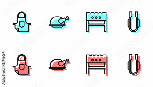 Set line BBQ brazier, Kitchen apron, Roasted turkey or chicken and Meat tongs icon. Vector