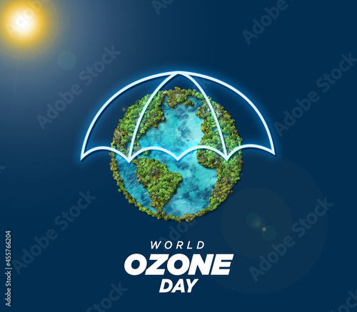 world ozone day concept design with green globe. Ozone day 3d illustration background. Ozone layer protect the green earth concept. photo