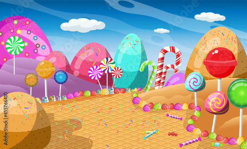 Candyland landscape background vector design 
