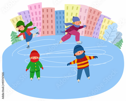 Children skate on the ice against the background of the city. Winter sports. Vector illustration in a flat style.