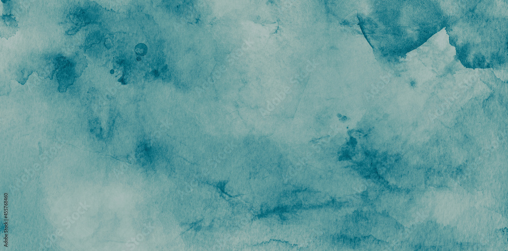Pastel blue green watercolor background texture, grain and old vintage grunge texture design with color blobs or blotches in border and corner stained paper, light blue green teal color