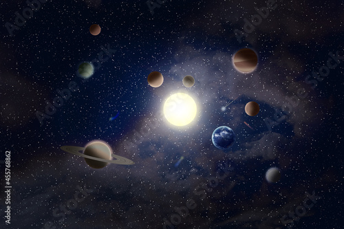 The nine planets of the solar system revolve around the sun. Space astronomical background with comets and stars. Element of this image Earth provided by NASA.