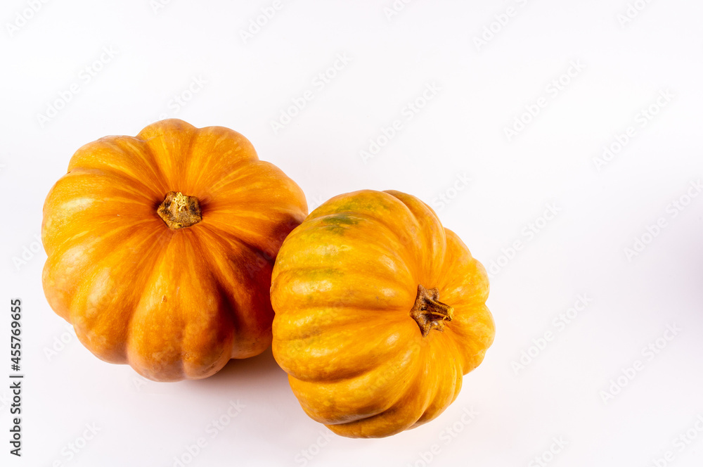 Two whole fresh orange big pumpkin on white background, closeup. Organic agricultural product, ingredients for cooking, healthy food vegan. Two whole fresh orange big pumpkin on white background, closeup. Organic agricultural product, ingredients for cooking, healthy food vegan.