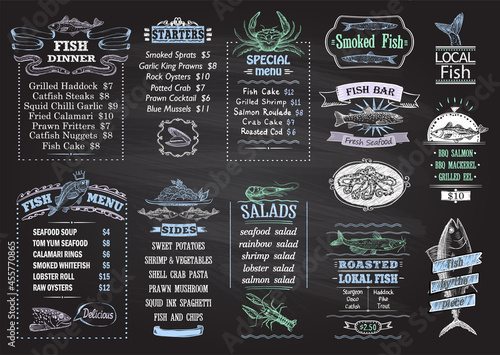 Fish menu chalk style board vector design template