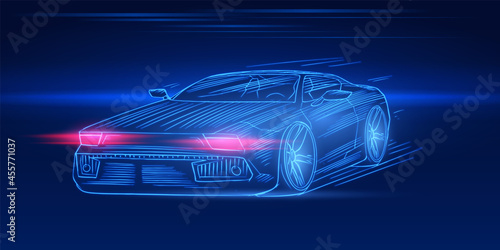 Futuristic sport car. Neon concept. Glowing electric virtual control. Traffic on a road. Minimalistic Background for interface or logo, banner. Vector illustration. Side view.