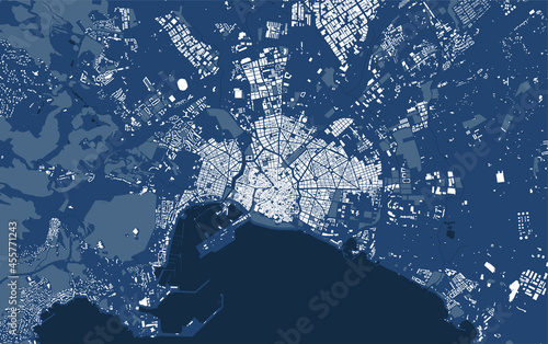 Detailed blue map poster of Palma de Mallorca city, linear print map. Cityscape urban panorama.