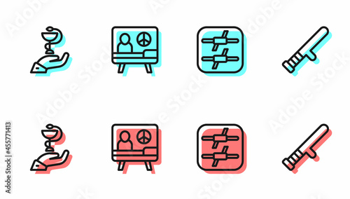 Set line Barbed wire, Caduceus snake medical, Peace and Police rubber baton icon. Vector