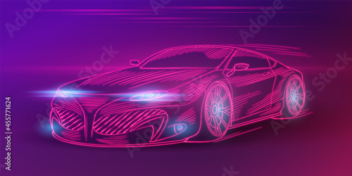 Futuristic sport car. Neon concept. Glowing electric virtual control. Traffic on a road. Minimalistic Background for interface or logo  banner. Vector illustration. Side view.