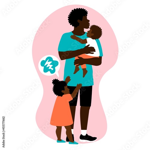 The black father of the todler twins is worried about the jealousy of the children. The relationship of brother and sister. Family care. Childhood lifestyle concept. Vector isolated illustration. 