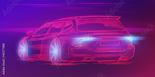 Futuristic sport car. Neon concept. Glowing electric virtual control. Traffic on a road. Minimalistic Background for interface or logo  banner. Vector illustration. Side view.