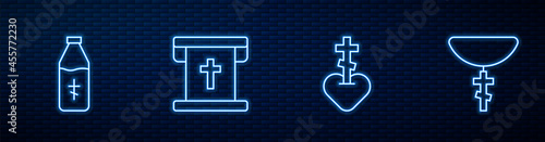 Set line Religious cross in heart, Holy water bottle, Flag with christian and Christian on chain. Glowing neon icon on brick wall. Vector