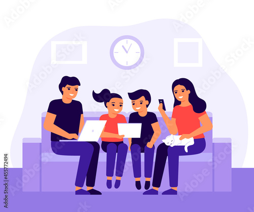 Happy family spends time together on couch at home using laptop, mobile phone and digital tablet. Parents and children sit on sofa at home and communication. Vector illustration