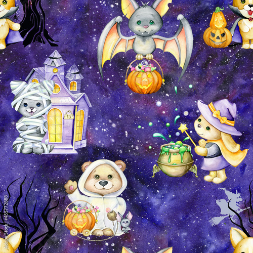 Watercolor seamless pattern on a blue background. Bear, rabbit, dog, ghost, in costumes, for the Halloween holiday haunted palace, © Natalia