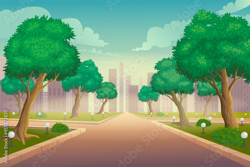 Illustration of city park in summer vector background. Park with lawn and green trees. Walkway with bushes and lanterns cartoon design. Place for family rest.