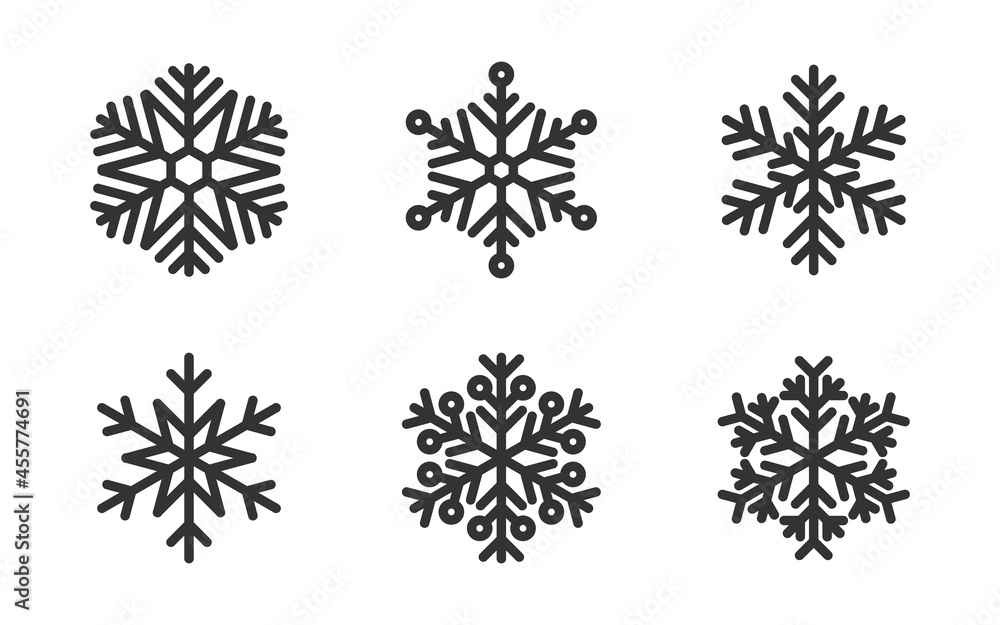 Snowflake icons set. Snow elements on white background. Christmas snow in flat design. Festive decoration template. Snowflakes collection for greeting card. Vector illustration