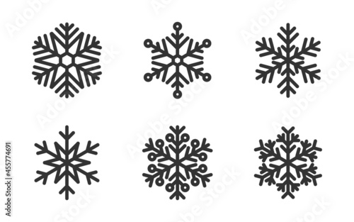 Snowflake icons set. Snow elements on white background. Christmas snow in flat design. Festive decoration template. Snowflakes collection for greeting card. Vector illustration