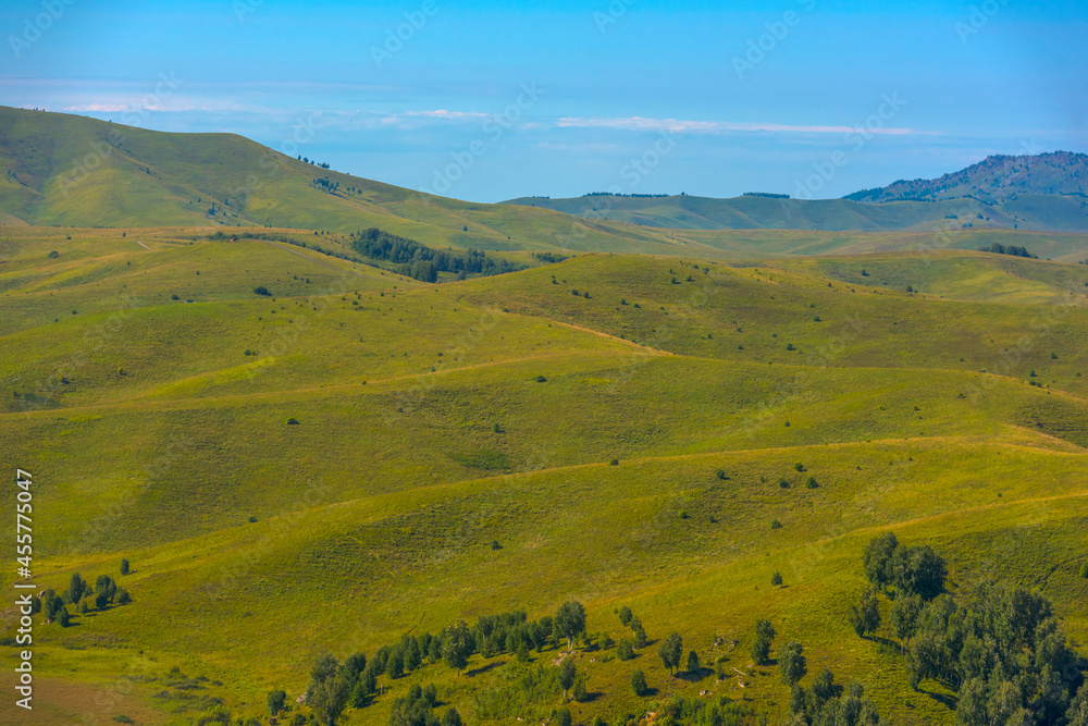 Summer landscape with hills and mountains of the Altai.