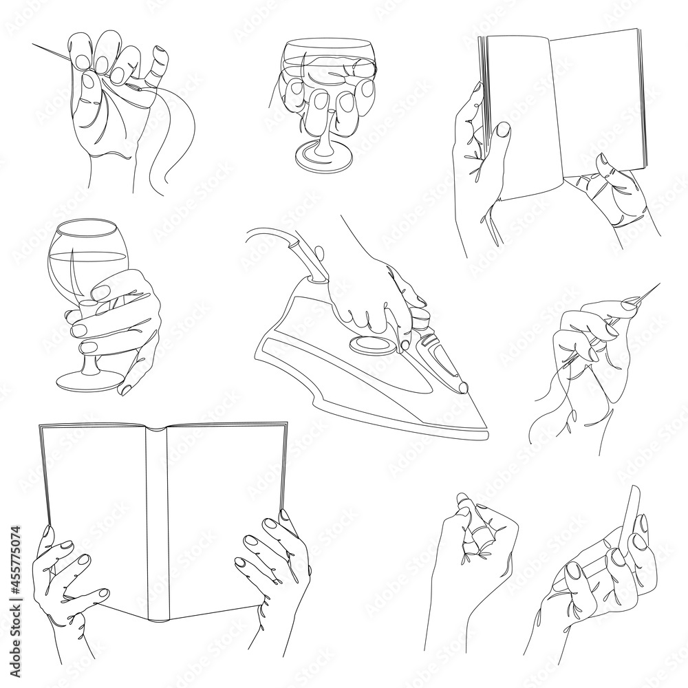 Collection. Man's hands hold a needle, glass, book, iron, lipstick in a modern style with one solid line Sketches for decor, posters, stickers, logo. Vector illustration set.