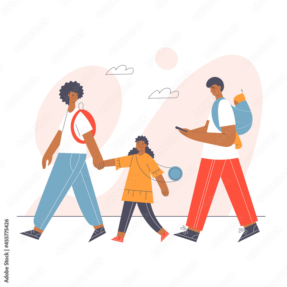 African American family with baby and toddler  walking together outside. Outdoor people flat vector illustration.
