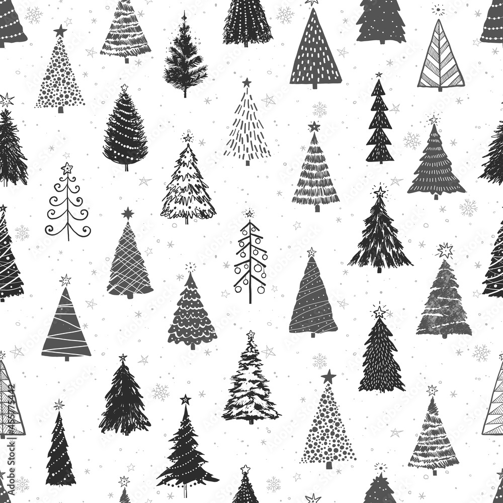 Seamless pattern with doodle christmas trees. Can be used for wallpaper, pattern fills, textile, web page background, surface textures.