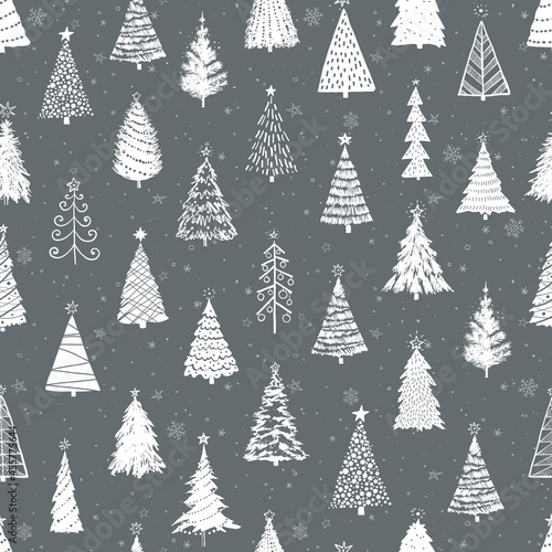 Seamless pattern with doodle christmas trees. Can be used for wallpaper, pattern fills, textile, web page background, surface textures.