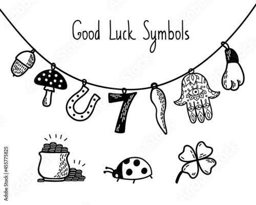 Good Luck Symbols Set. European and Asian talismans and charms contour vector illustration