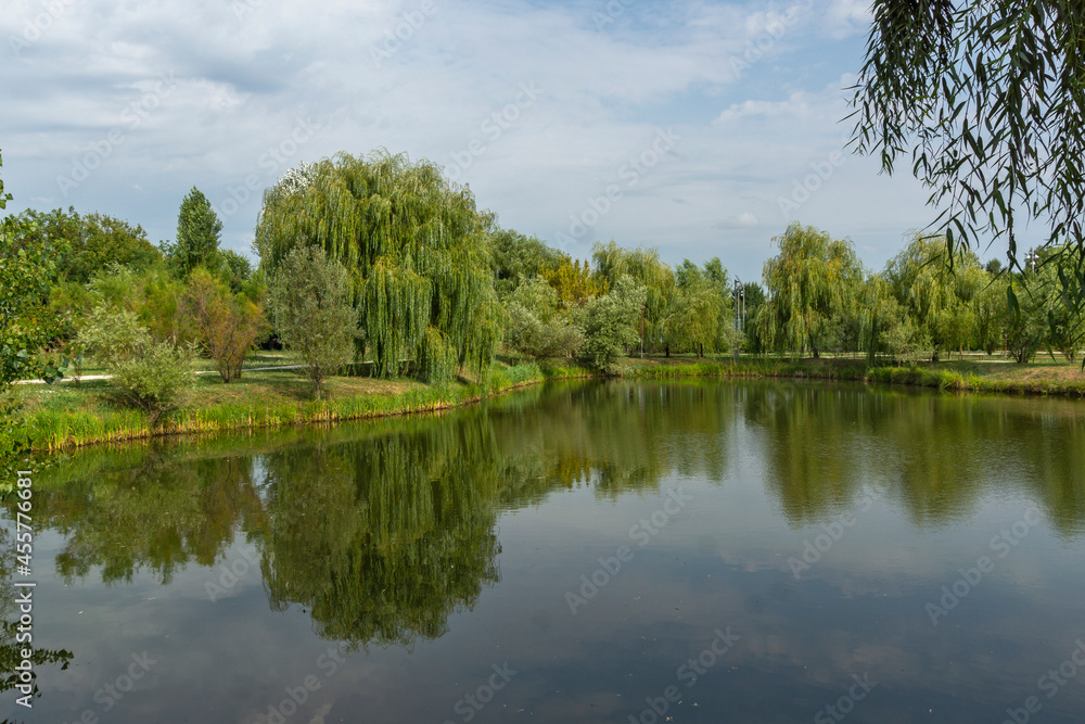 Gandens and lake of Mogosoaia Palace near city of Bucharest, Romania