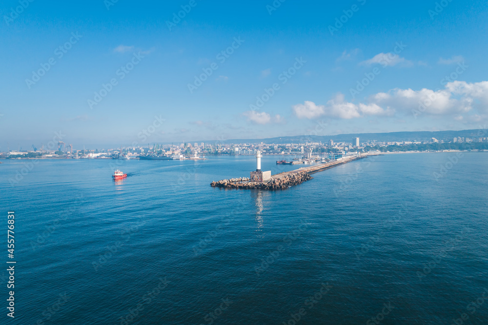 Aerial view of lighthouse at foggy sunrise in Varna, Bulgaria
