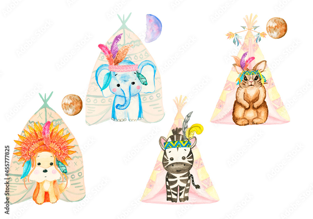 Obraz premium Watercolor Cute baby fox, Indian motifs.animal nursery rabbit and bear isolated illustration for children. Set with cute cartoon giraffe, zebra, elephant and lion; watercolor hand draw illustration.