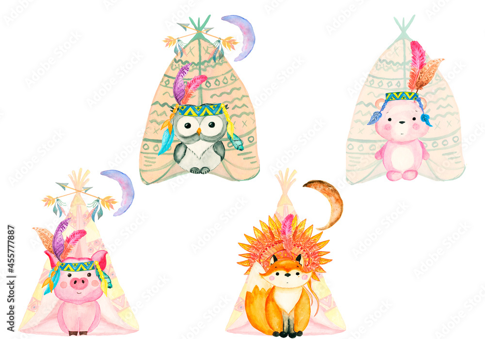 Watercolor Cute baby fox,  Indian motifs.animal nursery rabbit and bear isolated illustration for children. Set with cute cartoon giraffe, zebra, elephant and lion; watercolor hand draw illustration.