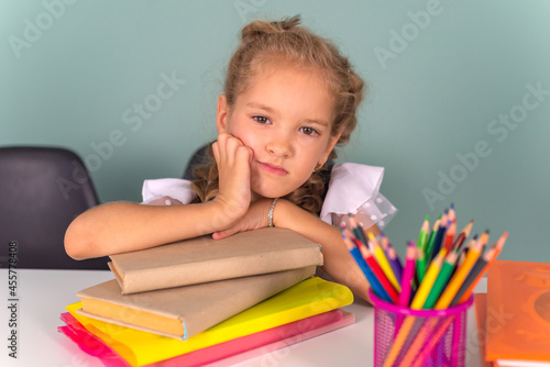 Back to school! Happy cute industrious child is sitting at a desk indoors. Kid is learning in class.