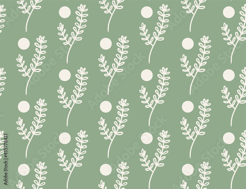 Branches leaves with polka dots repeat seamless pattern. White botanical plant vector ouline artwork on sage green background all over surface print.
