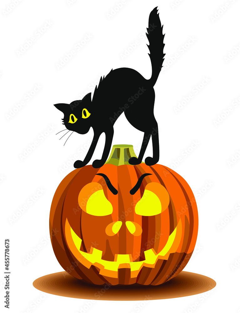Fototapeta premium Halloween. Jack's lantern. Halloween motifs. illustration with a pumpkin. Pumpkin. Name of the holiday. Text. Black Cat. The face on the pumpkin. Cat on a pumpkin 2