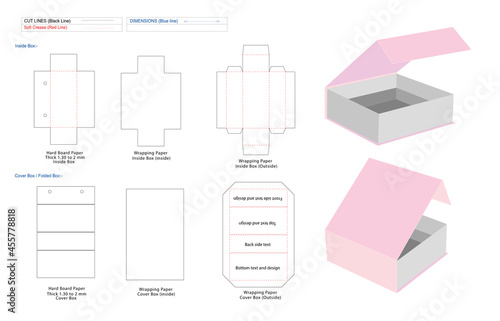 Magnetic closure rigid box dieline and pale pink 3D box for mockup