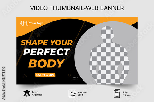 Fitness gym training thumbnail design for any videos. Fitness gym customizable video thumbnail and web banner .Editable Video cover photo template for Any social media.and Video Promoti Tutorials.