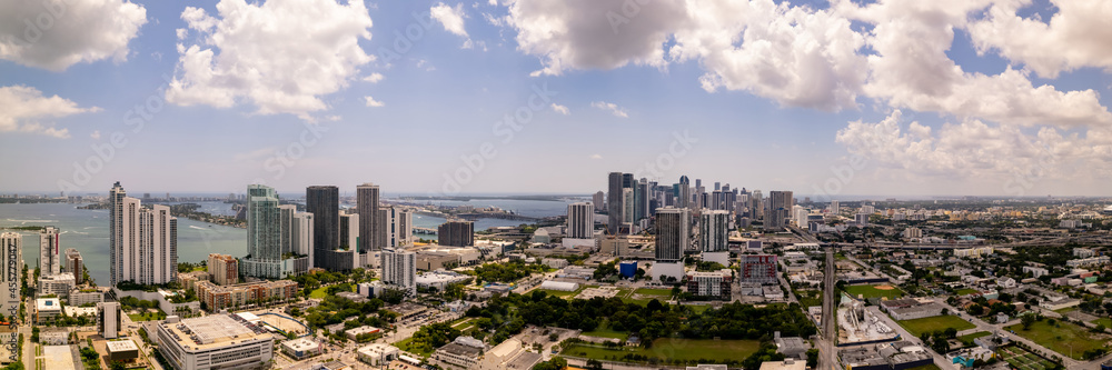 Wide angle panorama Downtown Miami FL aerial