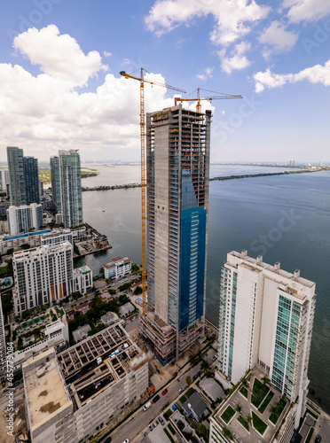 Aerial photo of Missoni Baia waterfront condominium building under construction September 2021 photo