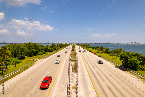 Aerial photo Julia Tuttle Causeway Bridge Miami Florida over Biscayne Bay