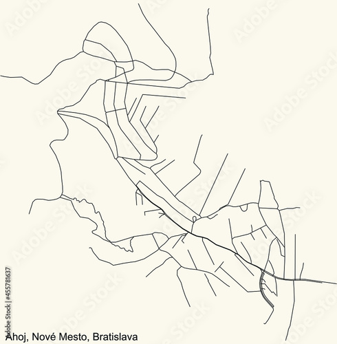 Detailed navigation urban street roads map on vintage beige background of the Bratislavan quarter Ahoj locality inside Nové Mesto borough of the Slovakian capital city of Bratislava, Slovakia