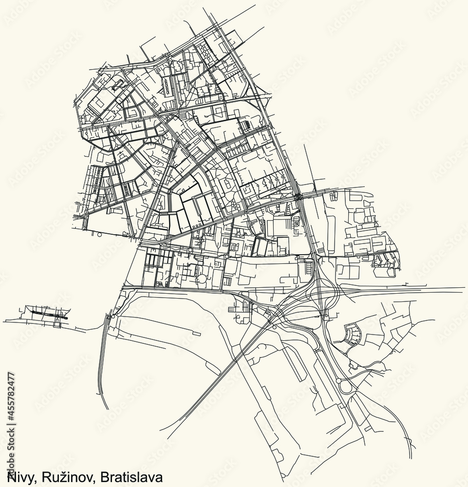 Naklejka premium Detailed navigation urban street roads map on vintage beige background of the Bratislavan quarter Nivy locality inside Ružinov borough of the Slovakian capital city of Bratislava, Slovakia