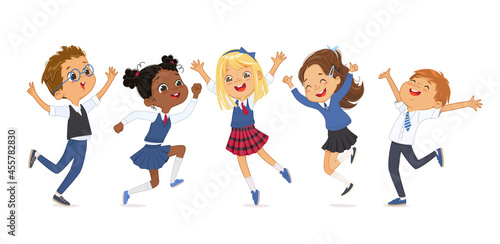Group diverse elementary classmates in school uniform jumping surrounded by flying notebooks and books. Adorable school boys and girls have fun together horizontal banner isolated