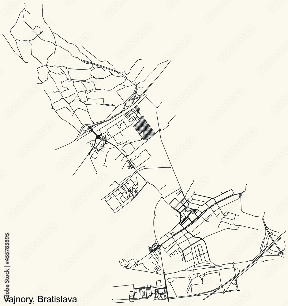 Fototapeta premium Detailed navigation urban street roads map on vintage beige background of the Bratislavan quarter Vajnory borough of the Slovakian capital city of Bratislava, Slovakia