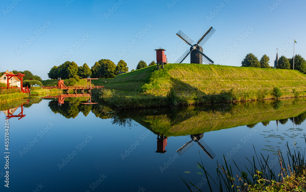 Landscape of fort Bourtange, historical dutch tourist village in Province Groningen