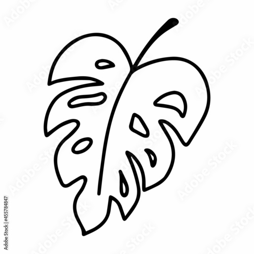 Vector monstera flower leaf isolated on white background. Tropical leaf coloring. Funny and cute illustration for seasonal design, textile, decoration kids playroom or greeting card. Hand drawn art.
