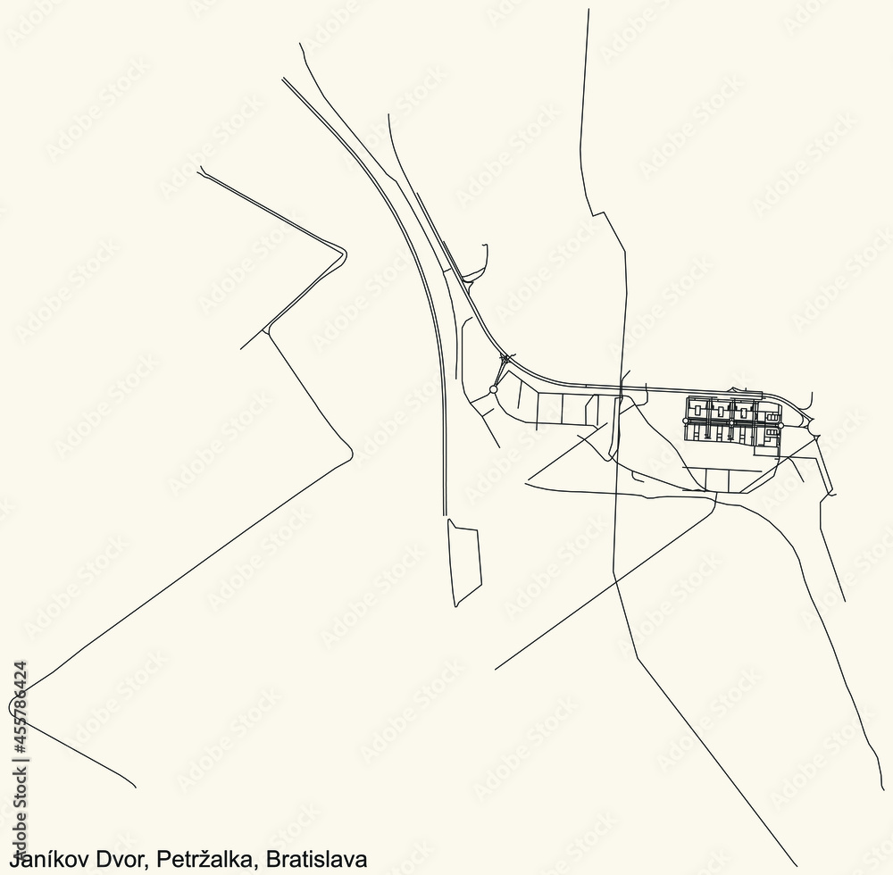 Detailed navigation urban street roads map on vintage beige background of the Bratislavan quarter Janíkov dvor locality inside Petržalka borough of the Slovakian capital city of Bratislava, Slovakia