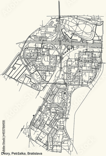 Detailed navigation urban street roads map on vintage beige background of the Bratislavan quarter Dvory locality inside Petržalka borough of the Slovakian capital city of Bratislava, Slovakia
