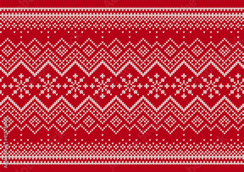 Knit print. Christmas seamless pattern. Vector. Red knitted sweater background. Xmas winter geometric texture. Holiday fair isle traditional ornament. Wool pullover illustration. Festive crochet.