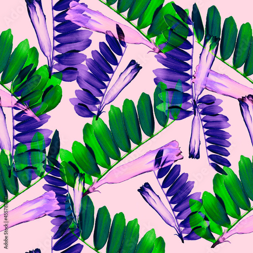 Seamless  tropical flower, plant and leaf pattern background, botanical style. Stylish flowers