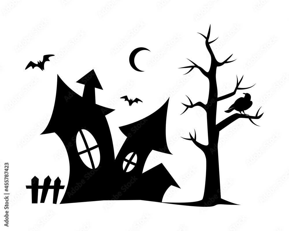 Halloween silhouette of night scene with castle, tree, bat, crow, moon isolated on white background. Halloween outline  vector flat illustration. Design for party, celebration, web page, greeting card